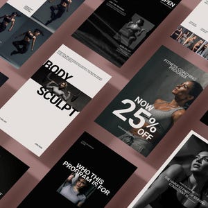 Op de afbeelding: Een verzameling promotiemateriaal voor een fitnessprogramma. De ontwerpen tonen afbeeldingen van mensen die aan het sporten zijn, met tekst als "Body Sculpt" en "Now 25% Off". Het kleurenschema is voornamelijk zwart, wit en grijs.