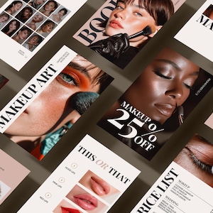 Peut inclure: Plusieurs supports promotionnels pour une maquilleuse. Les supports incluent des flyers et des cartes avec des images de modèles, d'application de maquillage et du texte tel que "MAKEUP ART", "MAKEUP 25% OFF" et "THIS OR THAT".