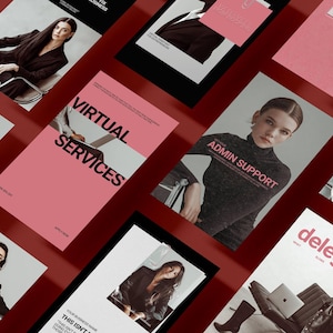 May include: A collection of business cards and promotional materials with a red background. The cards feature images of people and text such as "Virtual Services" and "Admin Support". The overall theme suggests business and professional services.