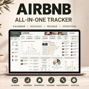May include: A laptop screen displaying an Airbnb all-in-one tracker operations dashboard with data visualizations, charts, and financial metrics. The interface includes sections for calendar, bookings, revenue, and operations, with icons for calendar, bookings, properties, cleaning, maintenance, and supplies.