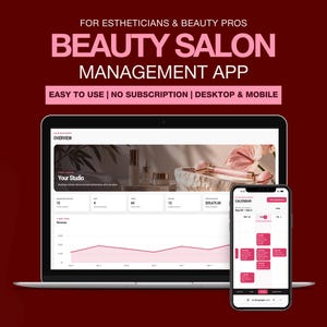 May include: A laptop and smartphone displaying a beauty salon management app interface. The screen shows an overview dashboard with revenue graphs and a calendar view. Text reads: FOR ESTHETICIANS & BEAUTY PROS BEAUTY SALON MANAGEMENT APP EASY TO USE | NO SUBSCRIPTION | DESKTOP & MOBILE.