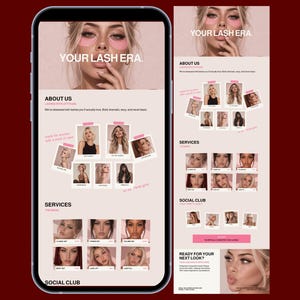 Könnte beinhalten: Ein Mobiltelefonbildschirm und ein vertikales Web-Layout, das eine Website einer Schönheitsmarke zeigt. Die Benutzeroberfläche bietet ein hellrosa Farbschema, den Text YOUR LASH ERA, ABOUT US, SERVICES und SOCIAL CLUB sowie mehrere Polaroid-Fotos.