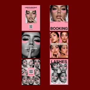 May include: A collection of promotional flyers featuring black and white portraits of individuals wearing pink under-eye patches. The text includes LASH FLASH SALE, BOOKING, NOW BOOKING, YOUR LASH ERA, and LASHES, alongside QR codes for scheduling appointments.