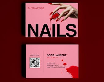 Plantilla de Canva para tarjeta de presentación de uñas Tarjeta de presentación para técnico de uñas con código QR Tarjeta de presentación para artista de uñas Tarjeta de presentación DIY de doble cara para salón de uñas