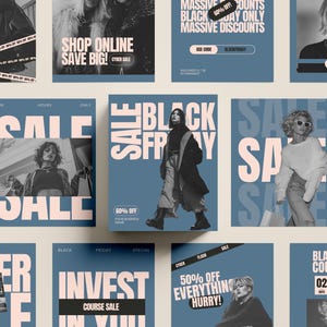 Puede incluir: Una colección de carteles promocionales con un esquema de color azul y rosa. Los carteles presentan modelos y texto como "Shop Online Save Big!", "Black Friday Sale" y "Cyber Steals". Algunos carteles anuncian descuentos.