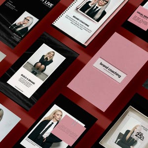 May include: A collection of marketing materials, including brochures and a notebook, displayed on a red surface. The items feature images of a woman and text such as "Brand Coaching," "Build a Brand," and "Early Bird Discount."