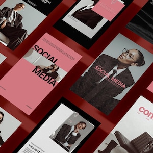 May include: A collection of magazine covers and promotional materials with a red background. The covers feature images of people in suits, with text overlays including "SOCIAL MEDIA" and "content". The color palette includes black, white, and pink.