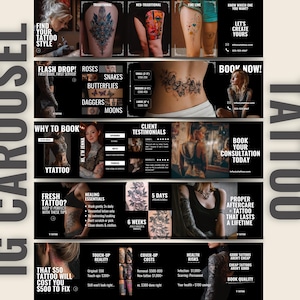 May include: An Instagram carousel advert for a tattoo studio. The image showcases diverse tattoo designs, such as roses, snakes, butterflies, and daggers. Text includes "Find Your Tattoo Style," "Flash Drop," and "Book Now!" The advert also highlights aftercare tips and cover-up costs.