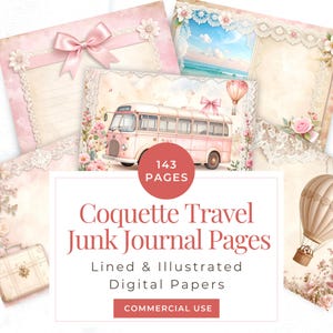 Rosa Reise Junk Journal Seiten, Bogen, digitale Papiere, hübsches Junk Journal, Girly Junk Journal, Pastell Junk Journal Kit, bedruckbar