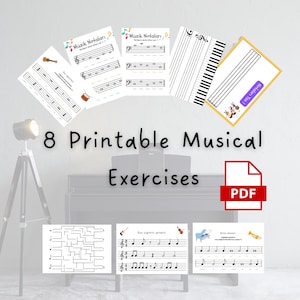 Schede di esercizi di educazione musicale: 8 pagine, pentagramma, pianoforte, esercizi sulla durata delle note (set stampabile in PDF), formato A4,