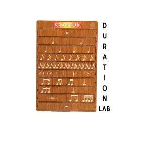 May include: Wooden music duration board with the text "DURATIONLAB" at the top. The board is divided into sections, each displaying different musical note durations in white. The word "DURATIONLAB" is in a red and orange rectangle.