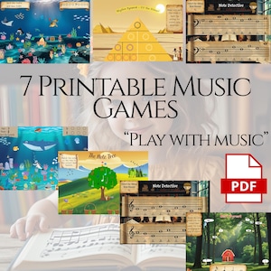 Könnte beinhalten: Eine Sammlung von 7 druckbaren Musikspielen im PDF-Format mit farbenfrohen pädagogischen Themen wie Unterwasserszenen, einer Rhythmuspyramide, Notendetektiv-Herausforderungen und einem Notenbaum zur Vermittlung musikalischer Konzepte.
