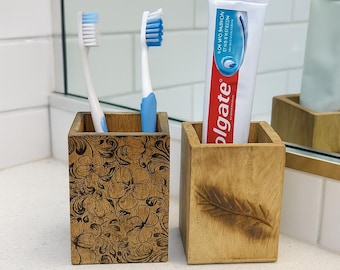 Juego de 2 portacepillos de madera - Organizador rústico para baño - Soporte para cepillos - Accesorio de baño elegante