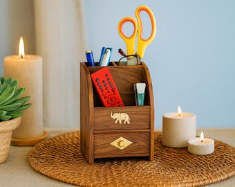 Personalized Desk Organizer Wood - Handmade Office Caddy with Drawer for Pen, Pencil