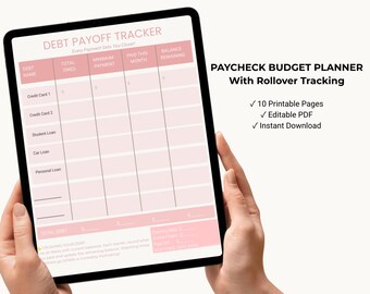 May include: A digital tablet displaying a pink and white debt payoff tracker and a paycheck budget planner. The tablet is held by two hands. Text on the screen includes "Debt Payoff Tracker" and "Paycheck Budget Planner".