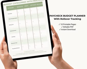Peut inclure: Un planificateur budgétaire numérique affiché sur une tablette, tenue par des mains. L'écran affiche un tableau intitulé "Budget Categories with Rollover", avec des catégories comme Épicerie et Vêtements. Le côté droit affiche les détails du "Paycheck Budget Planner".