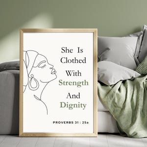 Christian wall art print | She is clothed with strength and dignity Bible verse Proverbs 31:25 print | Women faith quote digital download