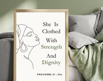 Christian wall art print | She is clothed with strength and dignity Bible verse Proverbs 31:25 print | Women faith quote digital download