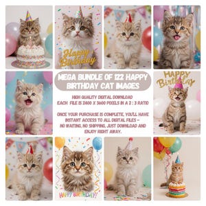 Lot de 122 téléchargements d'art numérique de haute qualité, mignons et drôles d'impressions de célébration de joyeux anniversaire de chat avec des ballons, des gâteaux et des chapeaux rigolos