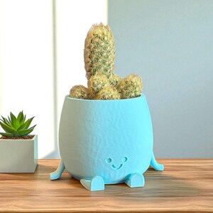Può includere: Un vaso di fiori azzurro chiaro in stile cartone animato con una faccia sorridente e piccole gambe, che contiene un cactus. A sinistra c'è una piccola succulenta in un vaso quadrato bianco. Il cactus è verde chiaro.
