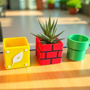 Peut inclure: Trois jardinières colorées : un carré jaune avec un motif de feuille blanche, une jardinière rouge en forme de brique avec une plante succulente et une jardinière verte en forme de tuyau. Les jardinières sont sur une surface en bois.