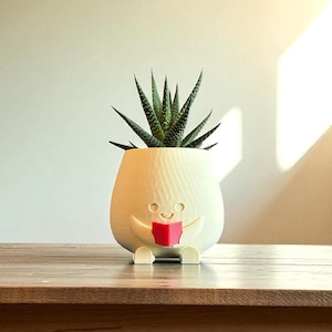 Op de afbeelding: Een gebroken witte plantenbak in de vorm van een karakter, met een lachend gezicht, een rood boek en een groene vetplant. De plantenbak staat op een houten tafel. Een charmant decoratief item.