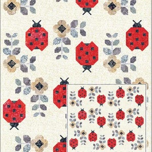 May include: A quilt pattern titled "Lady Lola" featuring a repeating design of red ladybugs, floral elements, and foliage on a cream background. The pattern includes a smaller inset image of the design and the Blooming Boldly Designs logo.