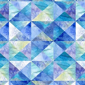 May include: Abstract geometric pattern featuring a repeating design of blue, teal, and purple triangles. The watercolor-style artwork has a textured appearance with variations in color and tone, creating a dynamic and visually appealing design.