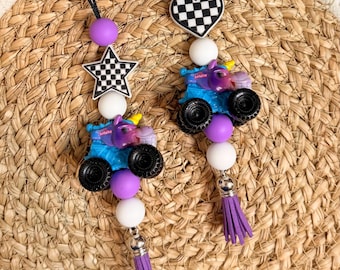 Mini Monster Truck Car Charm | Checkered Heart or Star Rearview Mirror Hanger | Purple Monster Truck Car Accessory | Gift for Truck Moms