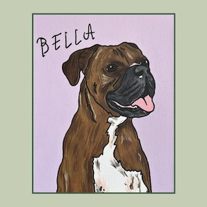 May include: A digital illustration of a brown and white Boxer dog with a black muzzle and tongue visible, set against a light purple background. The name BELLA is written in black, hand-lettered style text in the upper left corner of the image.