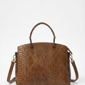 Premium Vegan Brown Snake Satchel, Structured Crossbody Purse, Python Embossed Handbag, Vintage Top Handle Bag, Elegant Work Purse