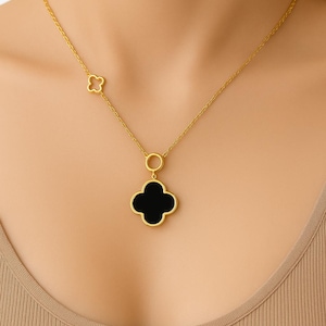 Handgemachte 925 Sterlingsilber vergoldete schwarze Onyx Klee Halskette - Elegantes Schmuck Geschenk für Sie