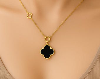 スターリングシルバー ブラックオニキス クローバーネックレス