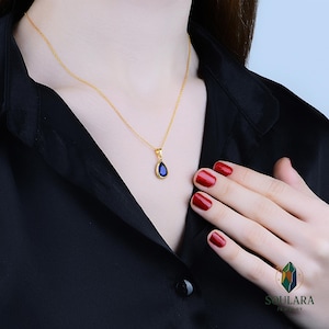 Blue Sapphire Drop Necklace – 925 Sterling Silver, Gold Plated Pendant, Teardrop Gemstone Jewelry, Handmade Gift for Her