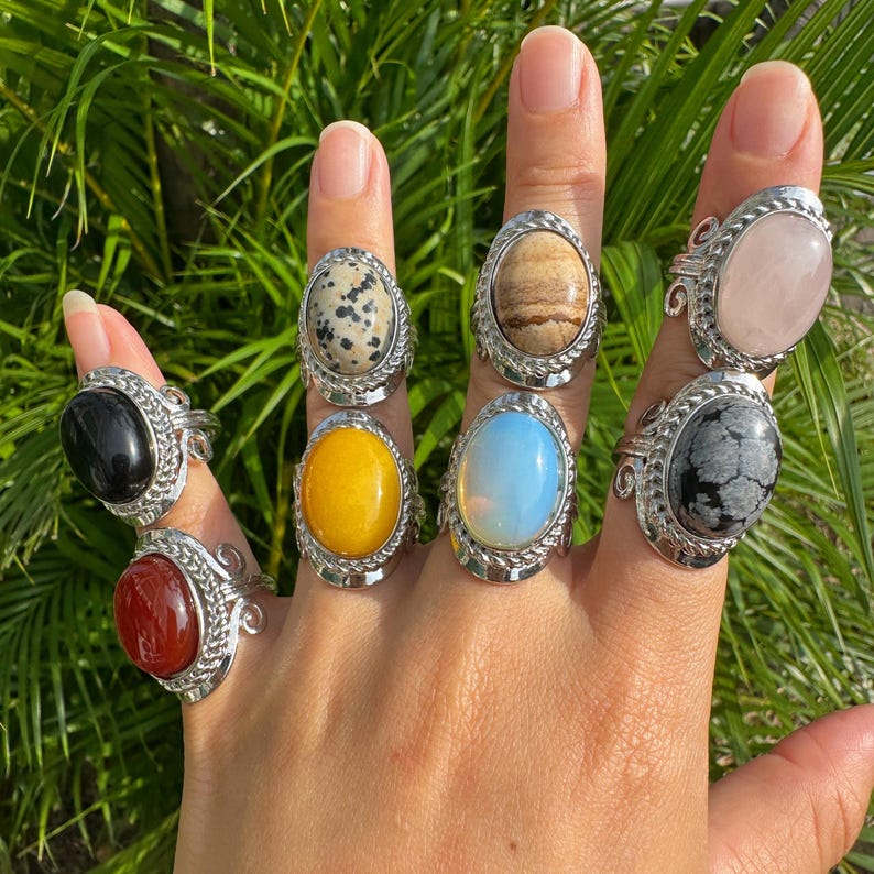 May include: A hand displays a collection of gemstone rings. Each ring features a different oval-shaped stone in colors like black, yellow, red, and pink, set in a silver-colored metal band with a decorative edge. The background is green foliage.