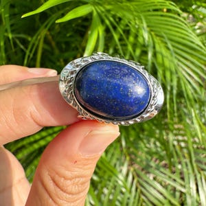 May include: A silver ring featuring a large, oval-shaped lapis lazuli stone. The deep blue stone is flecked with gold and set in a decorative silver band. The ring is held up against a backdrop of green foliage.