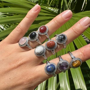 Può includere: Una mano mostra una collezione di anelli con pietre preziose. Ogni anello presenta una pietra ovale diversa, tra cui quarzo rosa, onice nero e occhio di tigre, incastonata in una fascia color argento. Gli anelli sono esposti su uno sfondo di fogliame verde.