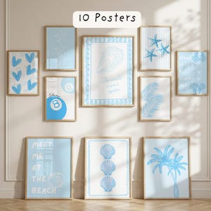 Zomerse lichtblauwe muurdecoratie set van 10 | Preppy Grandmillennial zomerprints bundel van 10