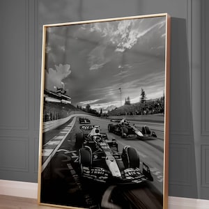 Set of 4 black and white F1 prints for a home office, showcasing the luxury and technical detail of high-performance racing cars.
