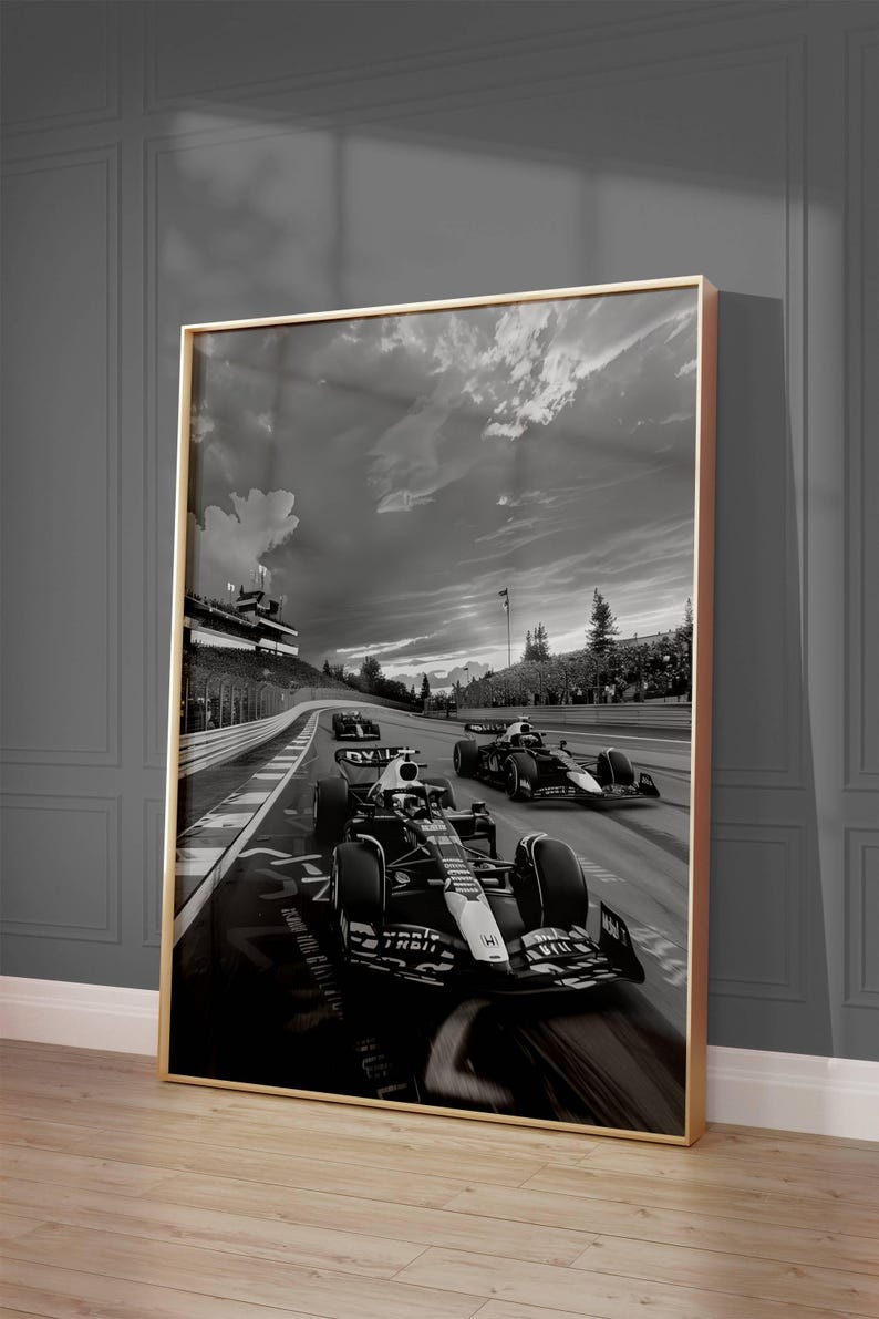 Set of 4 black and white F1 prints for a home office, showcasing the luxury and technical detail of high-performance racing cars.