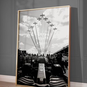Formula 1 digital download art with a grainy, retro film aesthetic featuring iconic race tracks and classic Grand Prix silhouettes.
