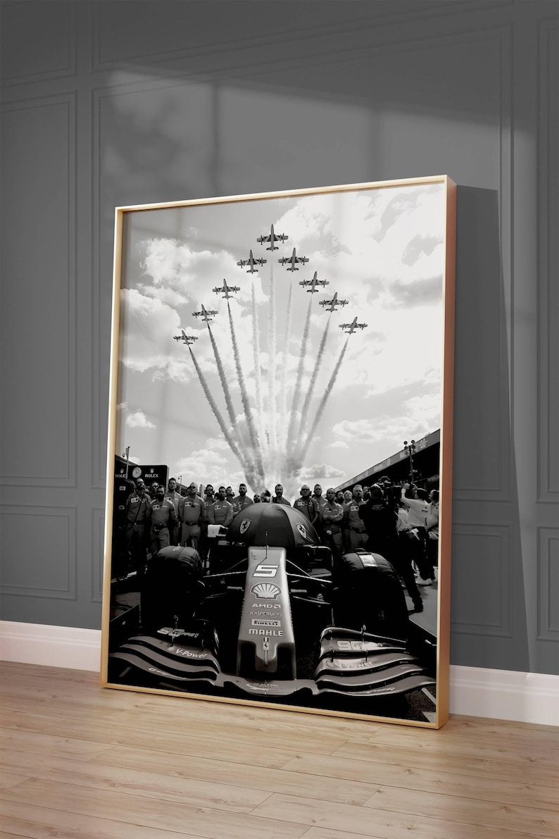 Formula 1 digital download art with a grainy, retro film aesthetic featuring iconic race tracks and classic Grand Prix silhouettes.