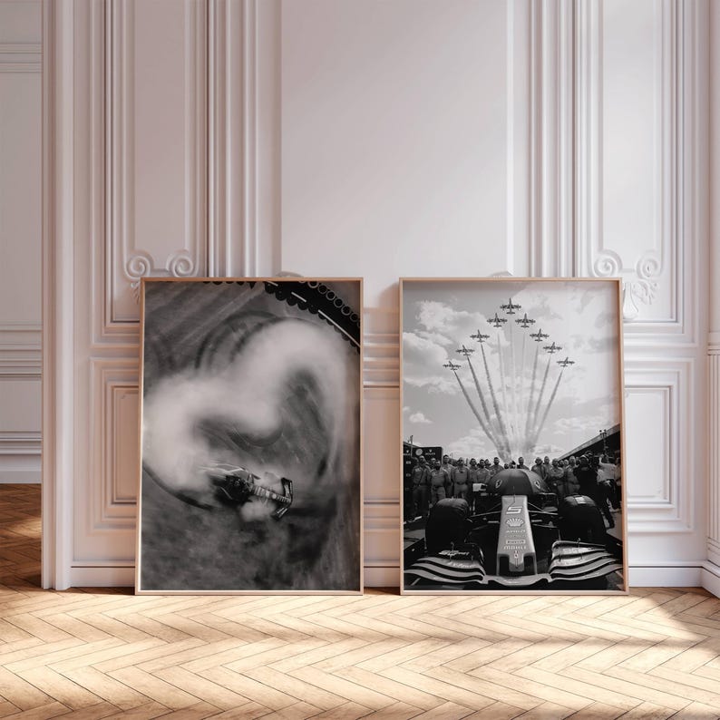 Modern F1 poster for office walls, a high-contrast black and white graphic of a race car speeding past the finish line.