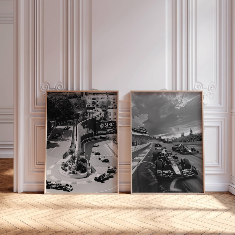 Monochrome F1 wall art showing a close-up of a racing car cockpit with blurred motion lines for a sense of speed and adrenaline.