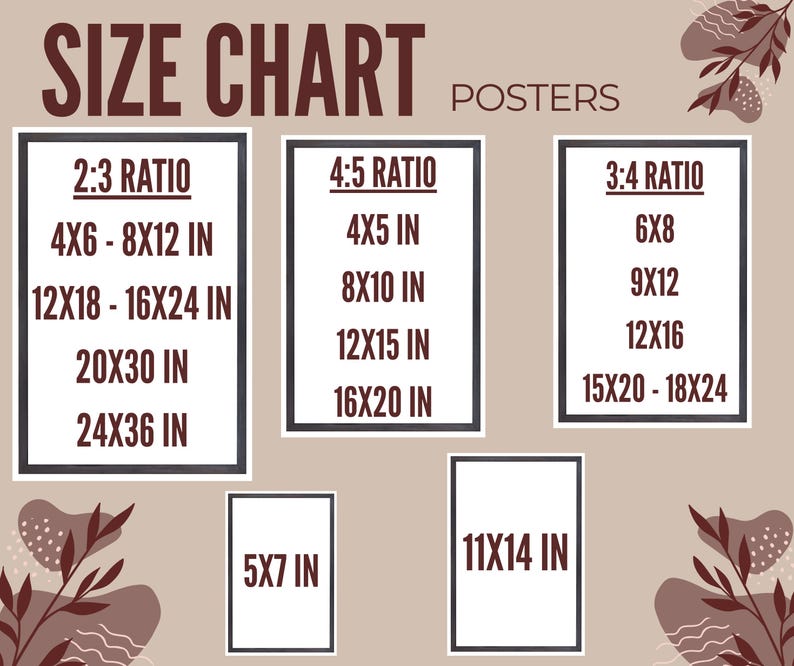Digital download size chart displaying five aspect ratios (2:3, 3:4, 4:5, 11:14, and ISO) with a list of common frame sizes in inches, such as 24x36 and 18x24.