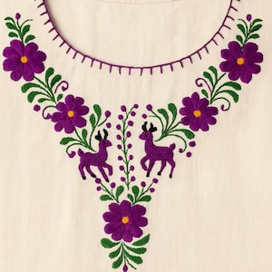 Handmade Mexican Blouse  Oaxaca Deer & Floral Embroidery  Boho Festival Ethnic Top  Cream and Purple Size M