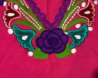 Handmade Fuchsia Embroidered Mexican Blouse: Floral Boho Top - Size M