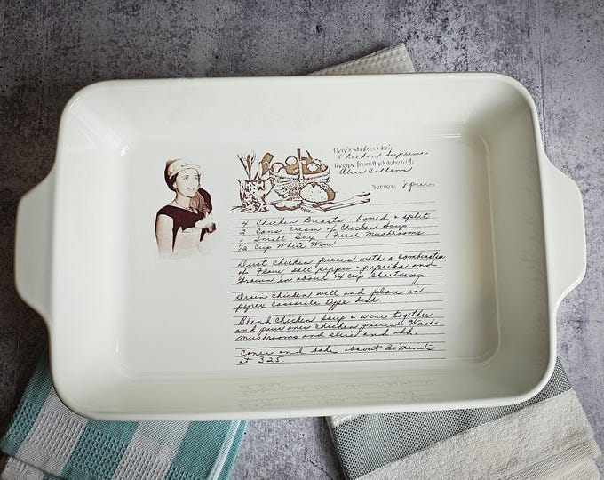 Recipe Baking Dish 13x9" Ceramic Casserole Pan With Handwriting and Photo, Oven & Dishwasher Safe
