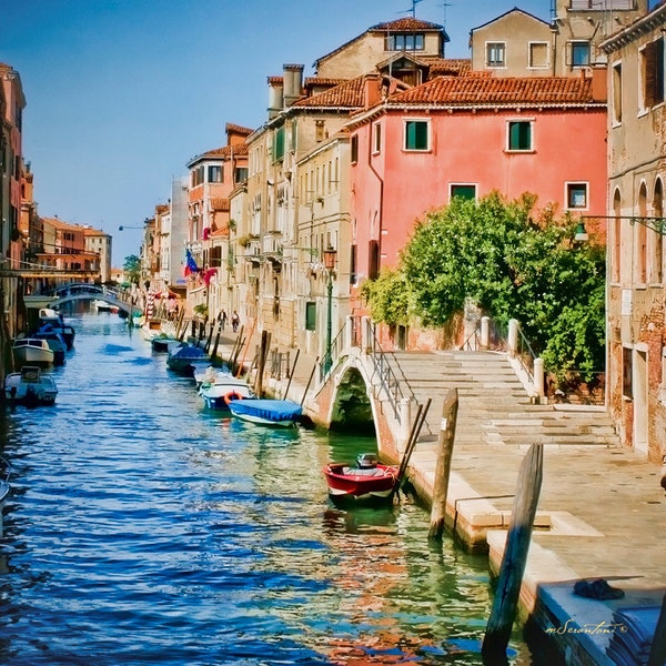 Italy photography - Walk with Me - Venice - Fine art travel photography - pink house on the canal - pink, blues, green, ivory