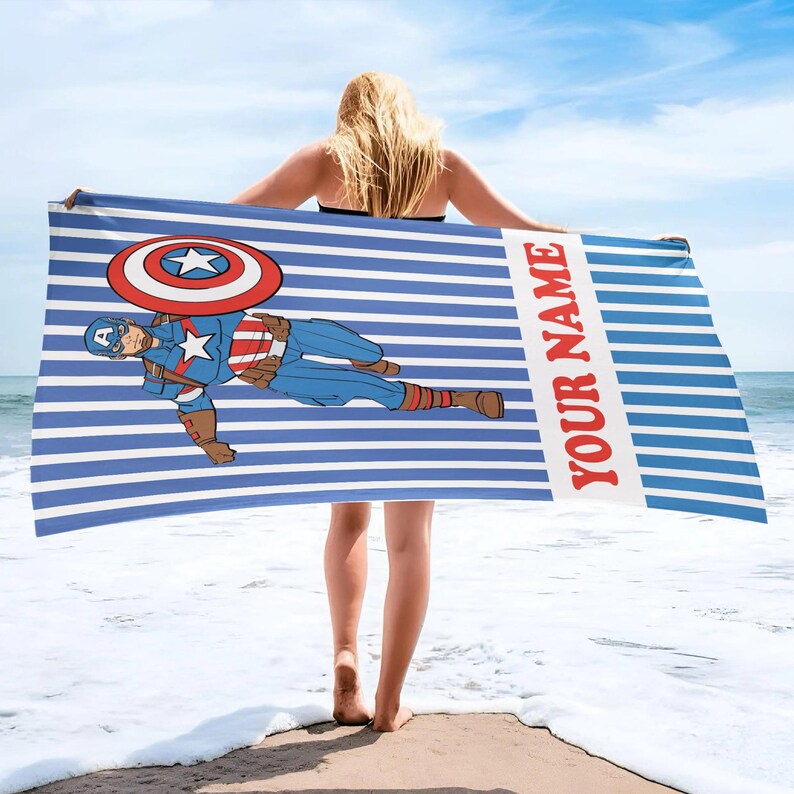 キャプテン・アメリカ ビーチタオル、カスタム スーパーヒーロー アベンジャーズ ビーチタオル、キャプテン・アメリカン ビーチタオル、キャプテン・アメリカン ギフト ビーチタオル 画像 2